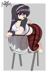 alternative_fashion anthro arm_tuft bedroom_eyes bent_over big_breasts big_butt black_hair breasts butt chair checkered checkered_clothing clothing crown eyeshadow female floppy_ears furniture hair headgear long_hair looking_at_viewer makeup narrowed_eyes pajamas pattern_clothing purple_eyes seductive simple_background solo tail tail_tuft thong thong_straps tiara tuft underwear wrist_tuft zelripheth alys_faiblesse_(zelripheth) canid canine canis domestic_dog mammal poodle standard_poodle 2:3 absurd_res hi_res