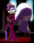 anthro big_tail blurred_background clothing crush death female fur holding_goblet huge_tail looking_at_viewer micro nipple_outline pheromones pinned pinned_by_foot purple_body purple_clothing purple_fur robe snuff tail underfoot visible_stench xtreme7 tiny_toon_adventures warner_brothers fifi_la_fume mammal mephitid skunk filth 2012 hi_res