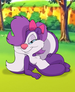 anthro bow_ribbon breasts featureless_breasts featureless_crotch female fur looking_at_viewer lying nude on_side outside purple_body purple_fur small_breasts smile solo tail white_body white_fur young young_anthro young_female mopgoblin tiny_toon_adventures warner_brothers fifi_la_fume mammal mephitid skunk 2026 hi_res