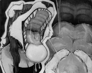 anthro anthro_pred black_clothing black_hair black_topwear bodily_fluids breasts cleavage clothed clothing collar dripping drooling duo fangs female female_anthro female_pred first_person_view floppy_ears fur gaping_mouth hair imminent_vore inside_mouth long_hair mouth_shot on_tongue open_mouth saliva saliva_on_tongue saliva_string sharp_teeth solo_focus teeth throat tongue tongue_out topwear lillywolff clover_(lillywolff) canid canine canis domestic_dog mammal greyscale monochrome