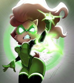 anthro auburn_hair bodysuit breasts brown_body clenched_teeth clothing eye_mask female glowing glowing_eyes hair long_hair skinsuit solo teeth tight_clothing tim_campbell green_lantern sega sonic_the_hedgehog_(series) sally_acorn chipmunk ground_squirrel mammal rodent sciurid 2026 hi_res
