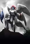 6_wings armor armored_boots armored_gloves belt feathered_wings feathers female finial flag flag_(object) heterochromia looking_at_viewer multi_wing on_rock rock sky solo standing step_pose wings torotale undertale undertale_(series) undyne animal_humanoid fish fish_humanoid humanoid marine marine_humanoid hi_res