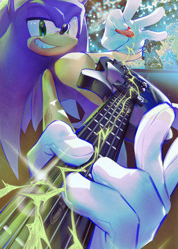 5_fingers anthro blue_body blue_fur clothing crowd electric_guitar female fingers fur gloves green_eyes group guitar hair handwear holding_guitar holding_musical_instrument holding_object looking_at_viewer male musical_instrument playing_guitar playing_music plucked_string_instrument smile stage standing string_instrument teeth hauringu sega sonic_the_hedgehog_(series) sonic_the_hedgehog eulipotyphlan hedgehog mammal digital_media_(artwork) hi_res