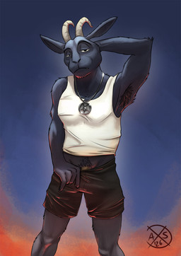 anthro armpit_hair armpit_tuft body_hair bottomwear chest_tuft clothing dark_body dark_fur disinterested fur jewelry male pendant pubes pulling_down_pants rim_light satanic_symbol shirt shorts slim solo tank_top topwear tuft alphasabre bovid caprine goat mammal hi_res