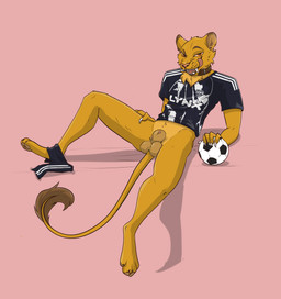 animal_genitalia anthro ball balls claws clothing genitals jersey male paws sheath shirt simple_background sitting soccer solo sport teeth tongue topwear fuennsart thathornycat capitoline_ranch tab_(thathornycat) felid feline mammal absurd_res hi_res sketch