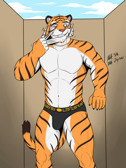 5_fingers anthro athletic athletic_anthro athletic_male biped black_claws black_stripes blue_eyes bulge chin_tuft claws clothed clothing cloud countershade_face countershade_torso countershading day dipstick_fingers dipstick_tail facial_tuft finger_claws fingers fur inner_ear_fluff male markings mask mask_pull masking motion_lines navel orange_body orange_fur pecs pink_nose skinsuit sky smile snout solo standing stripes suiting tail tail_markings teeth tight_clothing toothy_smile tuft underwear underwear_only whiskers white_body white_fur topgearae86turbo epic_games fortnite oscar_(fortnite) felid human mammal pantherine tiger 2024 dated hi_res signature