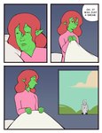 angry anthro bed bed_sheet bedding bodily_fluids breasts cleavage clothed clothing dialogue dress duo eyelashes female freckled_face freckles furniture green_body green_skin hair humanoid_pointy_ears long_hair pillow pink_clothing pink_dress pointy_ears red_hair tears text waking_up window yellow_sclera bonnymama7 limmy_waking_up elphaba_(bonnymama7) liria_the_werewolf_saint canid canine canis humanoid mammal wolf absurd_res comic english_text hi_res meme