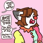 anthro bodypaint clothed clothing clown clown_nose holidays makeup ruff_(clothing) text katlovesshrimp april_fools'_day pagliacci bramble_(katlovesshrimp) domestic_cat felid feline felis mammal 1:1 comic english_text