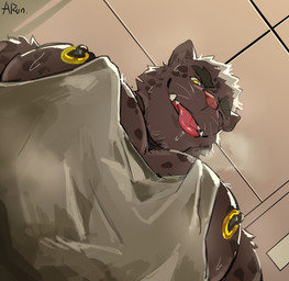 anthro barazoku big_muscles big_pecs black_body black_fur bodily_fluids ceiling clothing fur grey_clothing grey_shirt grey_tank_top grey_topwear hair larger_anthro larger_male looking_at_viewer low-angle_view male markings melanistic muscular muscular_anthro muscular_male nipple_piercing nipple_ring nipples open_mouth pecs piercing pink_nose ring_piercing saliva saliva_on_tongue shirt size_difference solo spots spotted_body spotted_fur sweat tank_top teeth text tongue tongue_out topwear whiskers white_hair worm's-eye_view yellow_eyes arun_six pec_pov_meme felid jaguar mammal pantherine 2024 absurd_res artist_name hi_res meme