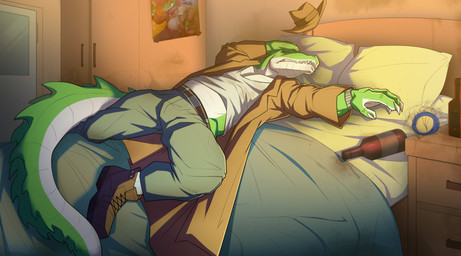 5_fingers alarm_clock anthro bed bedroom blue_bottomwear blue_clothing blue_pants bottle bottomwear brown_clothing brown_footwear brown_hat brown_headwear brown_shoes brown_topwear clock clothing container denim denim_bottomwear denim_clothing eyes_closed fedora fingers footwear furniture green_body hand_on_head hat headgear headwear hungover jeans male multicolored_body pants pillow shirt shoes socks solo stain topwear two_tone_body watch white_body white_clothing white_footwear white_shirt white_socks white_topwear wristwatch redgreendied cregon alligator alligatorid crocodile crocodilian reptile scalie absurd_res hi_res