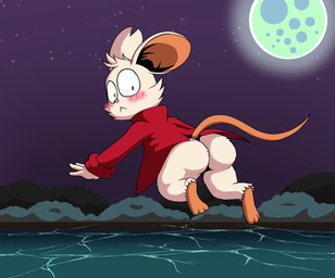 anthro big_butt blush butt digitigrade embarrassed exposed_butt feet female full_moon fur in_the_air looking_at_viewer looking_back moon night outside soles solo thick_thighs white_body white_fur wide_eyed wide_hips marcodile mina_the_hollower yacht_club_games mina_(mina_the_hollower) mammal mouse murid murine rodent hi_res