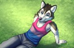 anthro bisexual_pride_colors bottomwear clothing denim denim_bottomwear denim_clothing grass jeans lgbt_pride male pants plant pride_color_clothing pride_color_topwear pride_colors shirt solo tank_top topwear wolfen_deschain canid canine canis domestic_dog husky mammal nordic_sled_dog siberian spitz