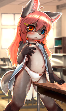 accessory anthro areola backlighting blue_eyes blush breasts brown_eyes camel_toe classroom clothed clothing clothing_lift cute_fangs desk detailed_background detailed_fur dipstick_tail dress dress_lift fangs female female_anthro fur furniture genital_outline gloves_(marking) grey_body grey_fur hair hair_accessory hairclip heterochromia holding_breast inside kemono light loli long_hair looking_at_viewer markings navel nipples one_breast_out panties pink_areola pink_nipples red_hair school school_desk small_breasts solo standing sunlight table table_humping tail tail_markings teeth underwear vulva_outline young young_anthro young_female wolfeed canid canine canis mammal wolf 3:5 absurd_res detailed hi_res lighting