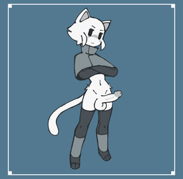 anthro balls biped blue_background clothed clothing crossed_arms erection front_view fur genitals grey_clothing grey_inner_ear humanoid_genitalia male midriff partially_clothed penis simple_background solo standing tail white_body white_fur echossmetches domestic_cat felid feline felis mammal 2025 digital_drawing_(artwork) digital_media_(artwork)
