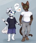 anthro clothed clothing dialogue duo eye_contact hand_holding looking_at_another open_mouth open_smile smile speech_bubble standing tail discon_rat canid canine canis dalmatian domestic_cat domestic_dog felid feline felis fish hybrid mammal marine shark hi_res