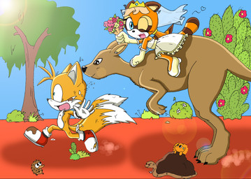 anthro blue_eyes bodily_fluids clothing dirty dress female fleeing flower footwear fur gloves group handwear heart_symbol lipstick looking_at_viewer makeup male multi_tail one_eye_closed open_mouth orange_body orange_fur outside plant riding running shoes smile straddling sweat tail tree wedding_dress what wink yellow_body yellow_fur downunderdame sega sonic_the_hedgehog_(series) marine_the_raccoon miles_prower canid canine fox kangaroo macropod mammal marsupial porcupine procyonid raccoon reptile rodent scalie snake hi_res