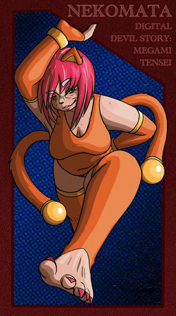 2_tails anthro armwear bedroom_eyes belly big_belly breasts clothing colored_nails elderly feet female foot_fetish foot_focus green_eyes hair humanoid_feet legwear mature_female multi_tail nails narrowed_eyes pink_hair plantigrade seductive solo tail valkyriedyne nekomata_(megami_tensei) animal_humanoid cat_humanoid felid felid_humanoid feline feline_humanoid humanoid mammal mammal_humanoid hi_res