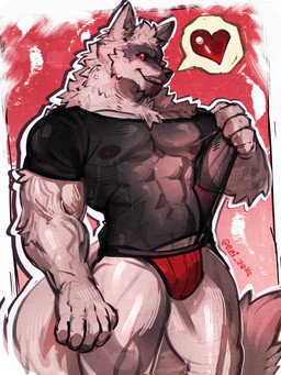 5_fingers abs anthro arm_tuft art_meme biceps black_nose black_sclera cheek_bulge chest_tuft chin_tuft clothed clothing clothing_pull elbow_tuft facial_markings facial_tuft fingers fluffy fluffy_tail fur fuzzy grey_body grey_fur grin head_markings head_tuft heart_symbol looking_at_viewer male markings mask_(marking) muscular muscular_anthro muscular_male muscular_thighs neck_tuft nipples pantsless pecs pink_background pointy_ears prick_ears red_clothing red_eyes red_underwear shirt shirt_grab shirt_pull simple_background smile solo standing tail teeth thick_thighs topwear topwear_pull translucent translucent_clothing translucent_topwear tuft underwear vein veiny_muscles ezi_zeke dreamworks puss_in_boots_(franchise) see-through_shirt_meme death_(puss_in_boots) canid canine canis mammal wolf 2025 3:4 absurd_res hi_res meme