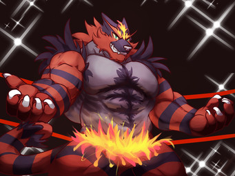 5_fingers abs anthro arm_tuft barazoku biceps big_muscles black_body black_fur black_tail cheek_tuft claws facial_tuft fangs fighting_ring fingers fire front_view fur green_eyes grey_body grey_fur grey_nose grin lights male markings multicolored_body multicolored_fur multicolored_tail muscular muscular_anthro muscular_male nude pecs pose red_body red_fur red_tail ring_(marking) ringed_tail rope shoulder_tuft smile solo standing striped_markings striped_tail stripes tail tail_markings tail_tuft teeth tuft two_tone_tail white_claws yellow_body yellow_fur istani nintendo pokemon felid generation_7_pokemon incineroar mammal pokemon_(species) 2016 4:3 digital_media_(artwork) half-length_portrait hi_res portrait