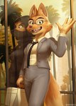 altered_reflection anthro black_clothing black_suit bracelet clothed clothing detailed_background eyebrow_piercing eyewear facial_piercing female fur glasses holding_object holding_suitcase jewelry looking_at_viewer necktie orange_body orange_fur piercing reflection shirt smile solo standing suit suitcase teeth topwear munrudoodles dreamworks the_bad_guys diane_foxington canid canine fox mammal absurd_res digital_media_(artwork) hi_res