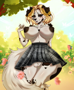 anthro balls big_breasts black_body black_bottomwear black_clothing black_fur black_nails black_nipples black_skirt blonde_hair bottomwear breasts clothed clothing colored_nails erection erection_under_clothing flower fluffy fluffy_tail forest fur genitals gynomorph hair intersex laurel_wreath logo markings nails nipples pattern_bottomwear pattern_clothing pattern_skirt penis plaid plaid_bottomwear plaid_clothing plaid_skirt plant pleated_skirt skirt solo spots spotted_body spotted_fur spring standing tail text topless topless_gynomorph topless_intersex tree white_body white_fur moonrat_(artist) thea_hearthwyn border_collie canid canine canis collie dalmatian domestic_dog eulipotyphlan herding_dog hybrid mammal pastoral_dog sheepdog 2025 artist_logo artist_name digital_media_(artwork) hi_res