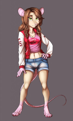 anthro biped bottomwear brown_hair buckteeth clothing colored_nails denim denim_bottomwear denim_clothing denim_shorts digitigrade female green_eyes hair jacket letterman_jacket nails pink_clothing pink_nose pink_shirt pink_topwear shirt shorts solo standing teeth topwear ticl mammal murid murine rat rodent hi_res