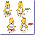 alternate_species blonde_hair bottomwear clothing cosplay crop_top female green_clothing green_panties green_underwear hair hair_over_eyes humanized midriff navel not_furry panties shirt shorts shorts_removed solo topwear underwear wide_hips minus8 mario_bros nintendo koopagirl human humanoid koopa mammal scalie 1:1