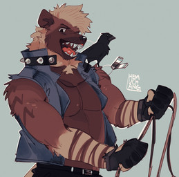 anthro anthro_focus black_eyes blue_clothing blue_jacket blue_topwear brown_body brown_fur clothing duo feral fingerless_gloves fur gloves gloves_(marking) hair handwear jacket looking_at_viewer male mane markings muscular muscular_anthro muscular_male open_mouth sharp_teeth solo_focus teeth topwear white_hair white_mane white_markings hemuchang avian bird hyena mammal 2022 hi_res