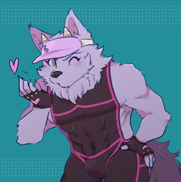 abs blowing_kiss blush bulge clothing fur gloves handwear hat headgear headwear heart_symbol horn male muscular muscular_male one_eye_closed pecs purple_body purple_fur solo visor_cap wetsuit wink poyosumi_1202 lifewonders tokyo_afterschool_summoners bathym_(tas) canid canine canis demon mammal wolf 2019 hi_res