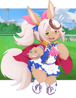 5_fingers accessory ambiguous_gender anthro ascot big_tail blue_clothing blue_dress blush blush_lines bodily_fluids boots brown_highlights building cape clothing cosplay crossover_cosplay detailed_background dress emanata eyebrow_through_hair eyebrows fangs fingers fluffy fluffy_tail footwear gesture green_eyes hair hair_accessory half-closed_eyes hand_gesture highlights_(coloring) horizontal_pupils multicolored_hair narrowed_eyes nervous nervous_smile open_mouth open_smile pink_ascot plant pointing pointing_at_self ponytail pupils racetrack red_cape red_clothing shoes shoulder_pads smile smiling_at_viewer solo sweat sweatdrop tail teeth thick_thighs translucent translucent_hair tree whisker_spots whiskers white_boots white_clothing white_dress white_eyebrows white_footwear white_hair white_inner_ear white_whiskers nade cygames made_in_abyss uma_musume_pretty_derby nanachi tokai_teio_(pretty_derby) lagomorph mammal narehate 2026 absurd_res crossover hi_res portrait signature