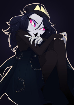 anthro beak black_clothing black_dress black_hair cigarette clothing dress eyebrows eyelashes eyeshadow female hair headgear headwear holding_cigarette holding_object long_eyelashes long_hair looking_at_viewer makeup simple_background solo sparkles jesterwing hellaverse helluva_boss octavia_(helluva_boss) avian bird demon owl owl_demon 2023 absurd_res dark_theme digital_media_(artwork) hi_res