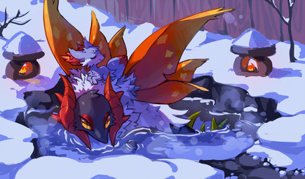 ambiguous_gender black_nose closed_smile detailed_background duo eyebrows eyes_closed feral fire fluffy fluffy_tail fur grey_body grey_fur inner_ear_fluff mouth_closed outside partially_submerged paws red_inner_ear_fluff smile snow tail tuft white_body white_fur wings winter yellow_eyes flavia-elric hotsatyr nintendo pokemon ancient_pokemon fennekin generation_6_pokemon generation_9_pokemon paradox_pokemon pokemon_(species) shiny_pokemon slither_wing 2026 hi_res