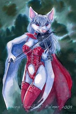 anthro big_breasts bow_(stringed_instrument) bowed_string_instrument breasts clothed clothing corset female front_view fur hair holding_object lingerie long_hair membrane_(anatomy) membranous_wings music musical_instrument panties playing_music playing_violin realistic_wings solo string_instrument topwear underwear violin white_body white_fur white_hair wings caribou_(artist) mercy-bat bat mammal 2009
