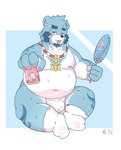 anthro asian_clothing belly blue_body blue_fur blush bodily_fluids bulge clothing east_asian_clothing fundoshi fur japanese_clothing male nipples overweight overweight_male sitting solo sweat underwear white_body white_fur lantu_(artist) bonasiah full_attack sophring_jie bear mammal 2021 hi_res