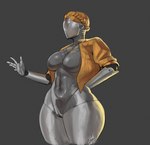 big_breasts blonde_hair bolero_jacket braided_hair breasts camel_toe clothed clothing crown_braid faceless featureless_breasts female grey_background grey_body hair hand_behind_back huge_breasts machine markings metallic_body navel not_furry open_clothing pseudo_hair simple_background solo star_(marking) tall thick_thighs topwear wide_hips yellow_clothing yellow_topwear dankwoll atomic_heart right_(atomic_heart) humanoid robot robot_humanoid absurd_res hi_res