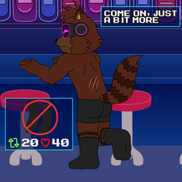 anthro bar bottle bottomwear boxers_(clothing) brown_body brown_fur chair clothed clothing container footwear fur furniture garter_belt garter_belt_socks garter_straps male markings mostly_nude partially_clothed ring_(marking) ringed_tail scar scratch_mark socks solo strip_game striped_markings striped_tail stripes table tail tail_markings text underwear visor reggie_rakun strip_meme reggie_rakun_(character) mammal procyonid raccoon 1:1 absurd_res english_text hi_res