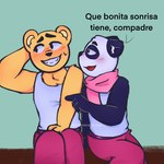 anthro biped black_body black_nose blush bottomwear clothing dialogue duo pants scarf shirt sitting text topwear white_body yagamikuro67 unicorn_wars pandi_(unicorn_wars) sonrisas_(unicorn_wars) bear giant_panda mammal 1:1 2023 hi_res spanish_text translated