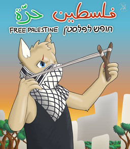 4_fingers anthro black_clothing black_shirt black_topwear blue_eyes clothing fingers fur head_tuft kerchief male middle_eastern one_eye_closed outside palestine plant politics propaganda ranged_weapon scar shemagh shirt sling_(weapon) slingshot solo tan_body tan_fur text topwear tree tuft war warrior weapon white_inner_ear kitahnji israeli-palestinian_conflict felid feline mammal arabic_text english_text