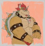 0rang3 2024 anthro armband barazoku bendy_straw beverage big_muscles big_pecs border bowser bracelet bulge clothed clothing collar container cup drinking_straw eyebrows flexing grey_border hair hi_res horn jewelry kemono koopa male mario_bros musclegut muscular muscular_anthro muscular_male nintendo pecs scalie shell simple_background solo spiked_armband spiked_bracelet spiked_collar spiked_shell spikes spikes_(anatomy) standing tan_background thick_arms thong thong_only tongue tongue_out topless topless_anthro topless_male underwear underwear_only