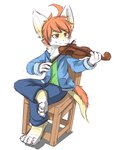 anthro barefoot blue_bottomwear blue_clothing blue_jacket blue_pants blue_topwear bottomwear bowed_string_instrument chair clothed clothing feet fur furniture green_clothing green_topwear hair jacket male mouth_closed musical_instrument narrowed_eyes on_chair orange_eyes orange_hair pants playing_music playing_violin simple_background sitting sitting_on_chair solo string_instrument tail topwear violin white_background white_body white_fur yellow_body yellow_fur kuttoyaki mythology kutto dragon furred_dragon furred_scalie mythological_creature mythological_scalie scalie hi_res