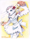 anthro apron blue_eyes clothing cooking feathered_wings feathers female legwear ribbons solo stockings winged_arms wings wooden_spoon lady_owl lady-owl_(character) avian barn_owl bird owl tyto tytonid colored_pencil_(artwork) mixed_media pen_(artwork) traditional_media_(artwork)