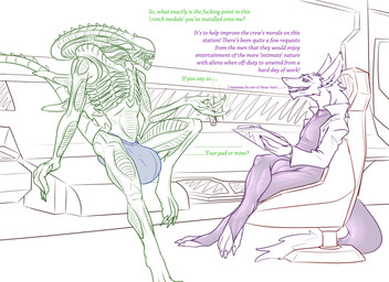 anthro balls big_balls big_bulge big_penis bulge chair cigar clipboard clothed clothing detailed_bulge duo flirting furniture genitals huge_balls huge_bulge huge_penis inviting inviting_home inviting_over inviting_to_sex knee_up latex latex_clothing latex_skinsuit leaning leaning_backward leaning_on_object leg_over leg_over_thigh male on_chair paws penis profanity raised_foot revealing_outfit seductive sitting sitting_on_chair skimpy skinsuit smile speedo suggestive swimwear teasing text tight_bulges tight_clothing tight_underwear underwear conditional_dnp samagthrav2 alien_(franchise) jeri_(aliens) laceym alien sergal xenomorph absurd_res english_text hi_res