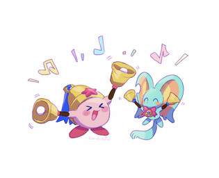 ambiguous_gender bell big_ears blush blush_lines blush_stickers bow_ribbon bow_tie duo feral fluffy fluffy_tail fur happy holding_object holding_weapon mouthless musical_note musical_symbol open_mouth open_smile pink_body red_body ringing_bell smile star symbol tail teal_body teal_fur three-quarter_view weapon wearing_hat xd kamabokobun kirby:_triple_deluxe kirby_(series) nintendo bell_kirby elfilin kirby alien chinchilla chinchillid mammal rodent starling_(kirby) waddling_head 2022 digital_drawing_(artwork) digital_media_(artwork) english_description hi_res signature male_(lore)