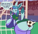 anthro areola areola_slip ball big_breasts big_butt blue_areola brazilian breasts butt female huge_breasts huge_butt hyper hyper_butt jersey number_on_jersey simple_background soccer soccer_ball solo sport text thick_thighs wide_hips nokamiwd nintendo pokemon cocito_(usernamecrownisalreadytake) eeveelution generation_4_pokemon glaceon pokemon_(species) english_text hi_res