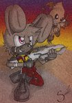 anthro band-aid bandage boots clothed clothing duo footwear gloves grainy grin gun handwear male pink_eyes ranged_weapon shoes smile text weapon suni-okida sega sonic_the_hedgehog_(series) fan_character chao_(sonic) hare lagomorph leporid mammal 2009 english_text hi_res