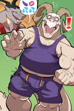 5_fingers aroused belly blush bodily_fluids bone bone_mask bottomwear bulge clothed clothing cutaway duo emoji erection erection_under_clothing exclamation_point fingers flirting genital_piercing genitals horn male markings mask motion_lines muscular muscular_male nipples open_mouth overweight overweight_male penis penis_piercing piercing prince_albert_piercing shirt shocked shorts skull skull_mask solo_focus spikes spikes_(anatomy) sweat sweatdrop sweaty_body sweaty_clothing tail tank_top topwear yellowluster nous_(nous) crocodile crocodilian reptile scalie unknown_species 2025 2:3 absurd_res comic digital_drawing_(artwork) digital_media_(artwork) hi_res signature
