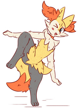 ambiguous_gender anthro blue_eyes blush blush_lines collar dipstick_tail eyelashes featureless_crotch fur grey_body grey_fur looking_at_viewer markings multicolored_body navel on_one_leg one_eye_closed open_mouth orange_body orange_fur paws simple_background solo spread_legs spreading standing tail tail_markings tan_body tan_fur tongue yellow_body yellow_fur se1t nintendo pokemon braixen canid canine generation_6_pokemon mammal pokemon_(species) 2026 absurd_res hi_res