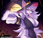 anthro big_breasts breasts clothed clothing female hair hat headgear headwear holidays long_hair pose red_eyes smile solo thick_thighs white_body silverray17 halloween sallyray_(silverray17) canid canine canis mammal wolf absurd_res hi_res pinup