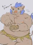 anthro belly biped brown_body brown_fur bulge clothing food fur horn male mohawk moobs nipples overweight overweight_anthro overweight_male sitting solo text underwear buta5kawa hamuga86 lifewonders tokyo_afterschool_summoners ganglie_(tas) mammal suid suine sus_(pig) wild_boar 2019 hi_res japanese_text