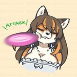 anthro big_breasts black_nose breasts brown_body brown_fur cleavage clothed clothing dress eyes_closed female frisbee fur hair hitting_head kemono mouth_closed object_hitting_head orange_body orange_fur orange_hair simple_background snout solo string_bow text white_body white_clothing white_dress white_fur shuyara chunithm chunithm_luminous sega sega_fave inuko_mimimi_(sega) canid canine canis domestic_dog mammal 1:1 distracting_watermark english_text half-length_portrait portrait watermark